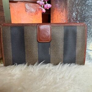 Fendi Pequin stripe coated Wallet with Gold Logo and leather trim